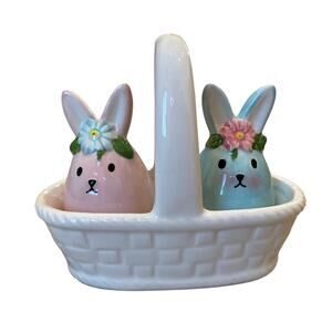Potter's Studio 3pc Easter Bunny Salt & Pepper Shakers w/ Flower Basket Set New